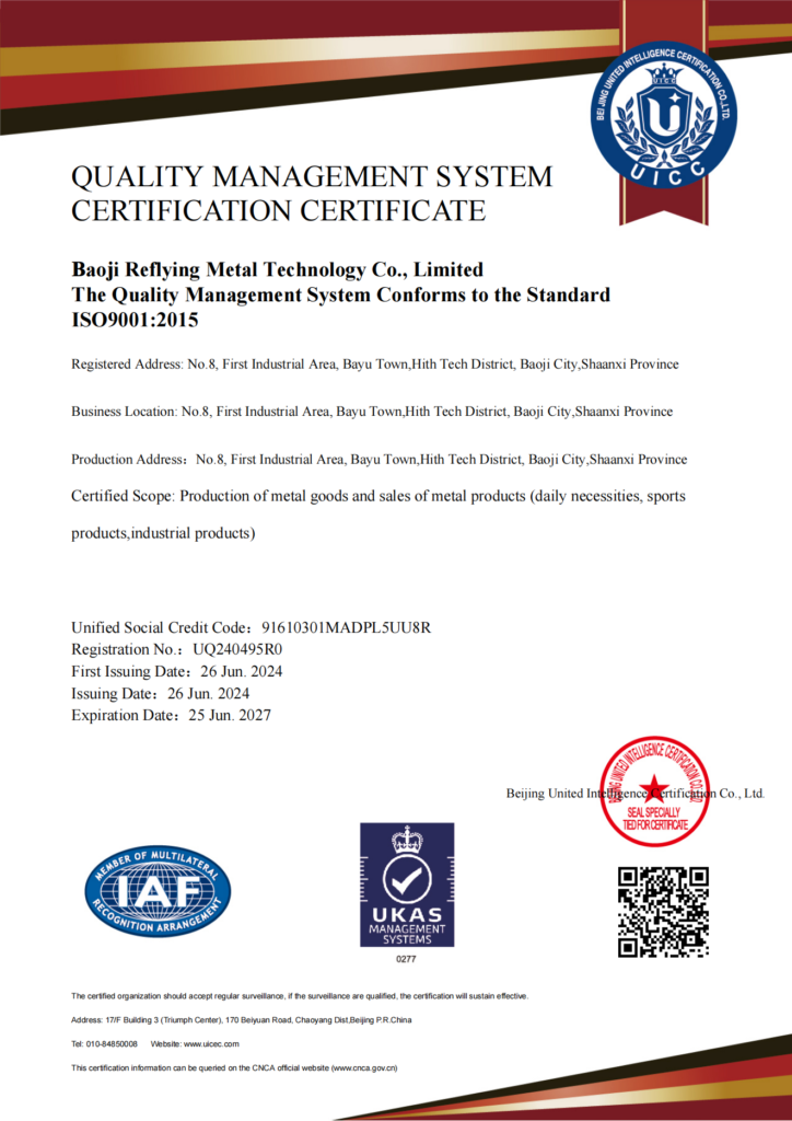 ISO9001.2015 of titanium bolt certification