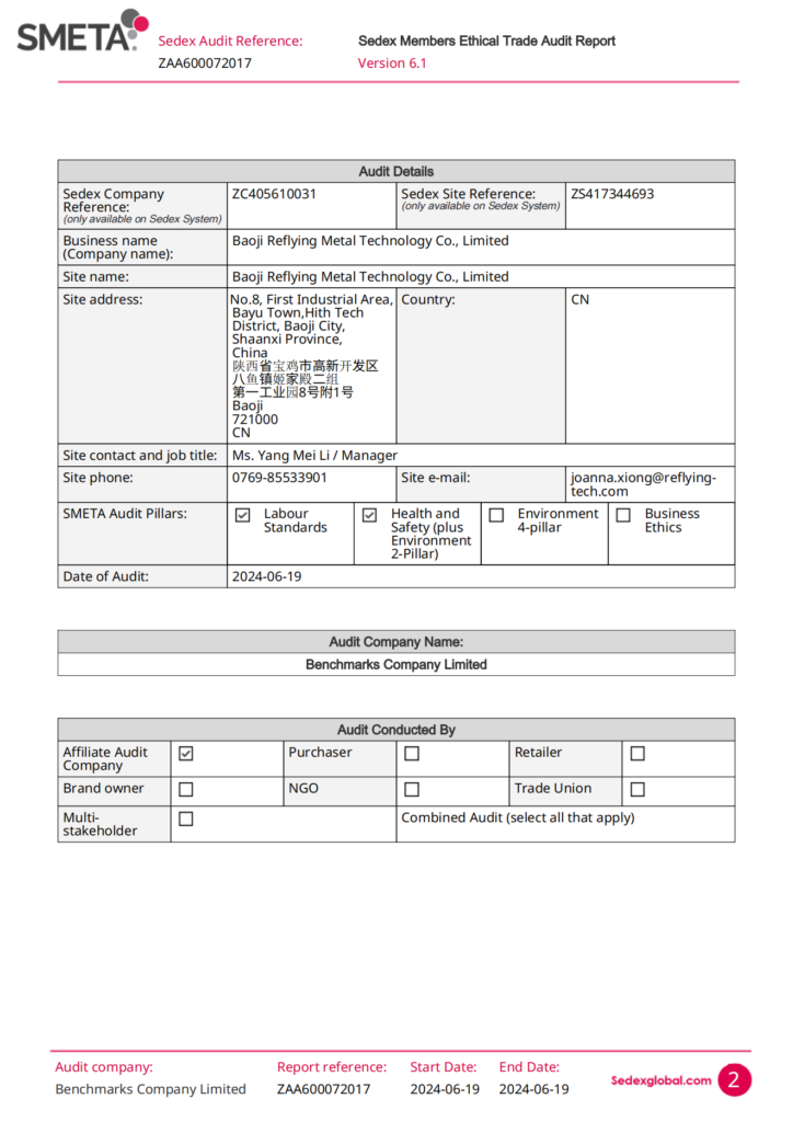 Titanium bolt Certification Sedex 2024 -SMETA